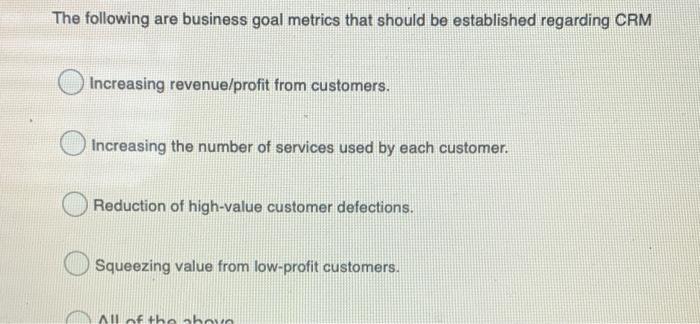 The following are business goal metrics that