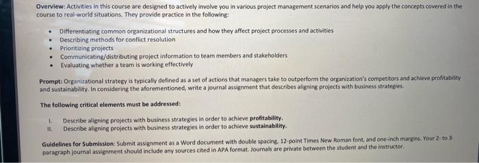 . Overview: Activities in this course are