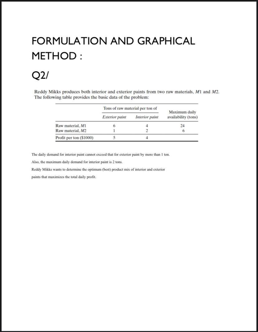 FORMULATION AND GRAPHICAL METHOD: Q2/ Reddy Mikks