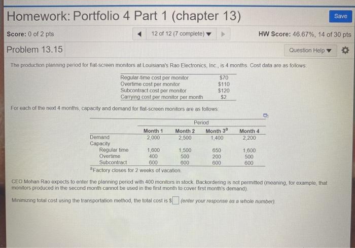 Homework: Portfolio 4 Part 1 (chapter 13) Save
