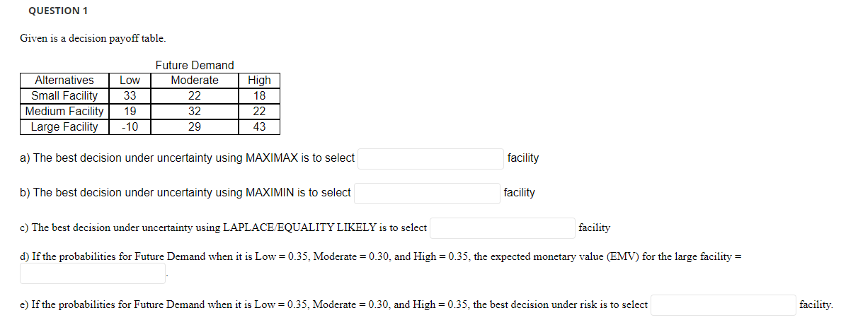 QUESTION 1 Given is a decision payoff table.