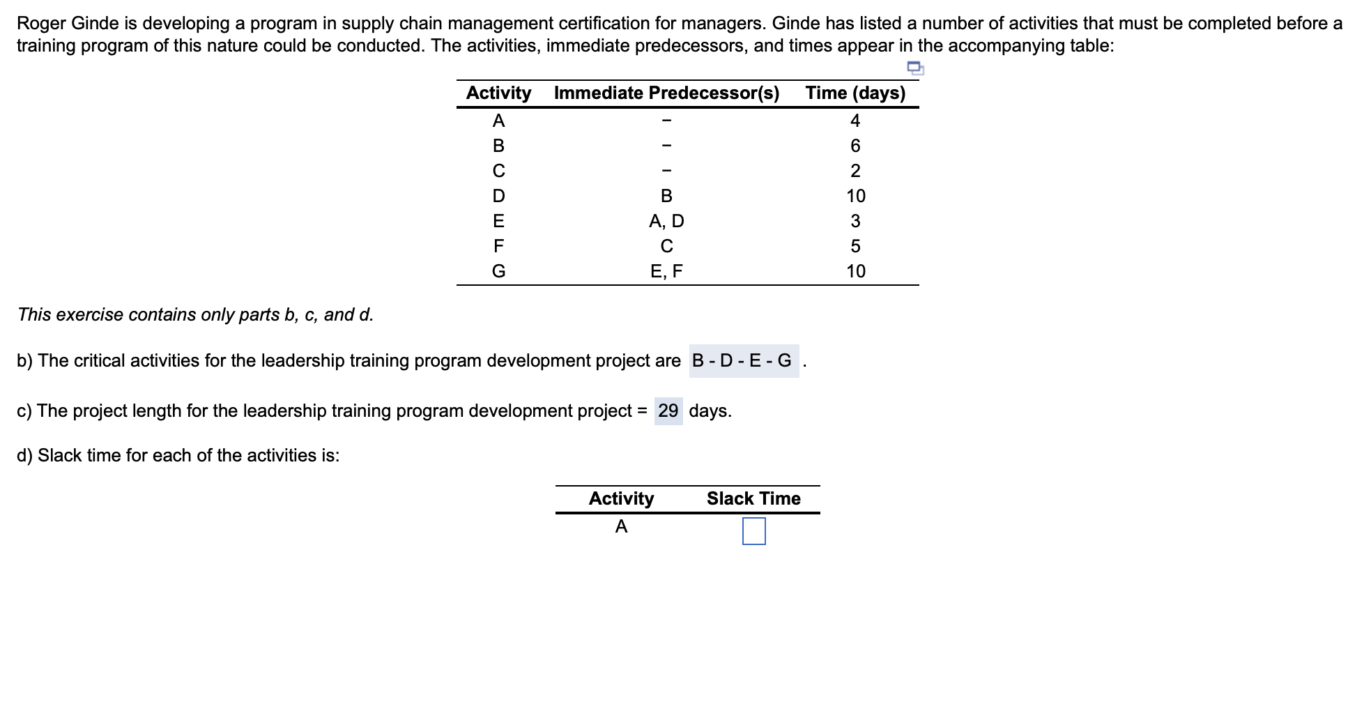 d) Slack time for A, B, C, D, E, F, G Roger Ginde