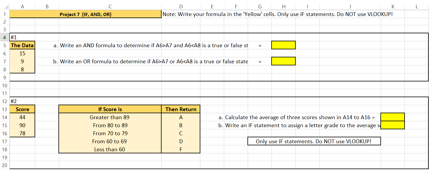 Need Excel FORMULAS for yellow boxes (# 1,2, and