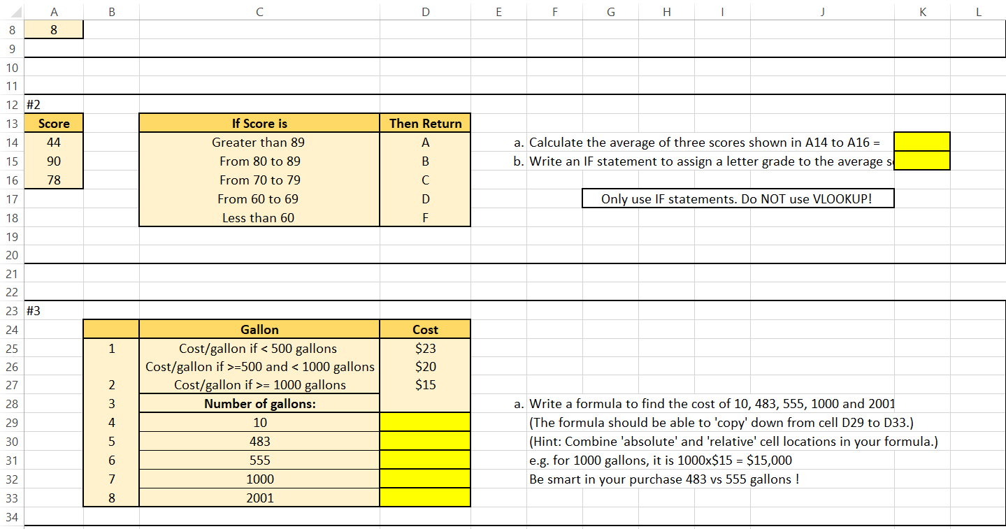 Need Excel FORMULAS for yellow boxes (# 1,2, and