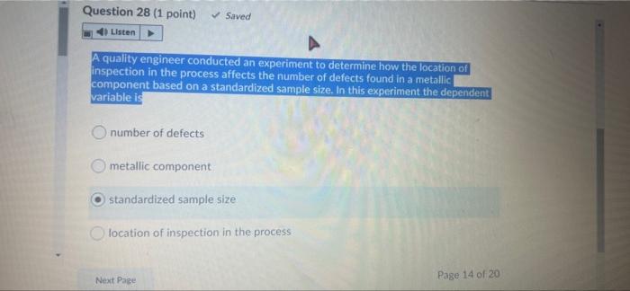 Question 28 (1 point) Listen Saved A quality