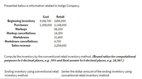 Presented below is information related to Indigo