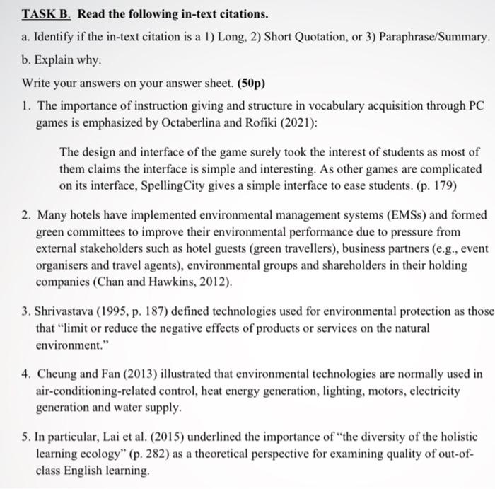 TASK B. Read the following in-text citations. a.