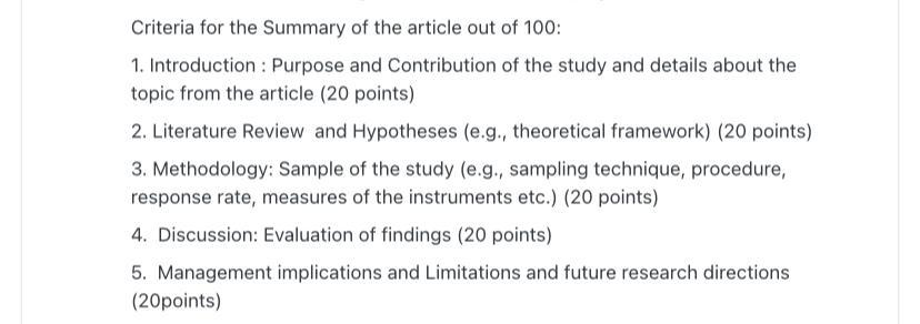 Criteria for the Summary of the article out of