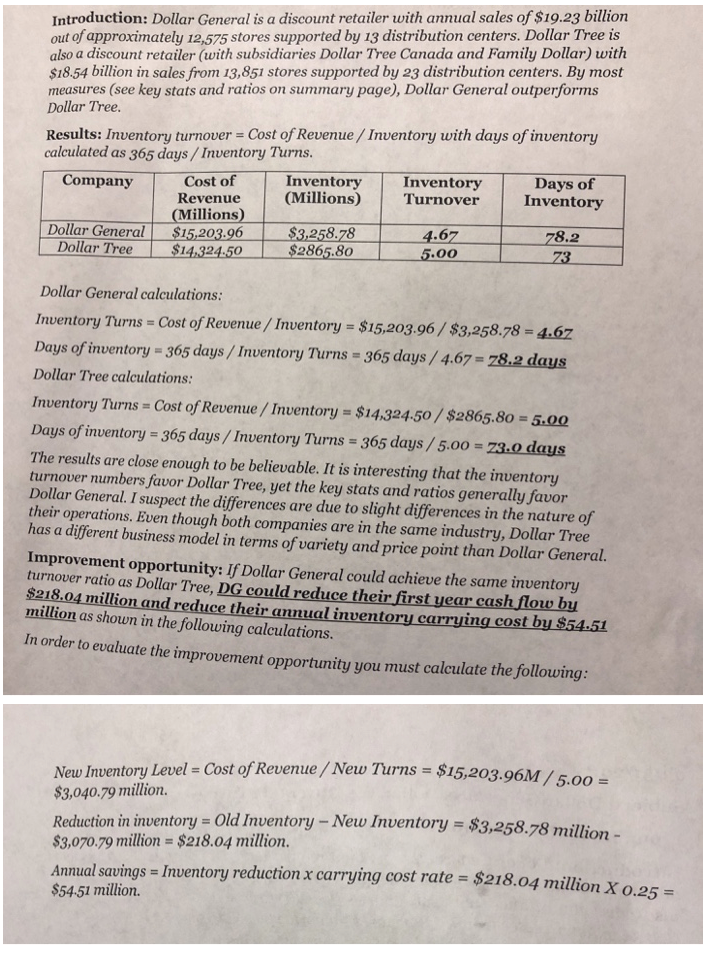 PLEASE HELP! ***compare the days on hand results