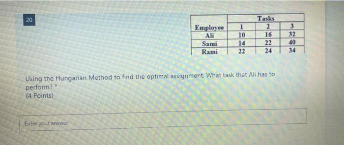 20 Employee Ali 1 10 14 22 Tasks 2 16 22 24 3 32