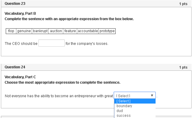 Question 23 1 pts Vocabulary, Part B Complete the
