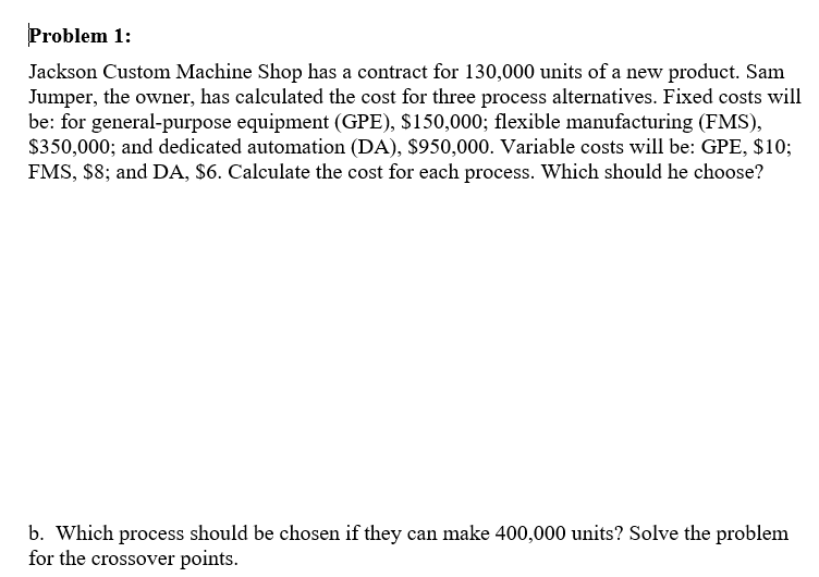 Problem 1: Jackson Custom Machine Shop has a