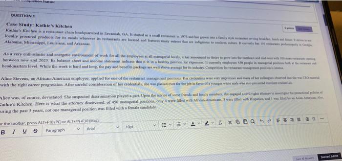 on Status QUESTION 1 Case Study: Kathie's Kitchen