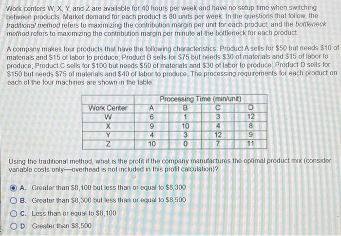 Work centers W, X, Y, and Z are available for 40