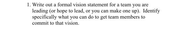1. Write out a formal vision statement for a team