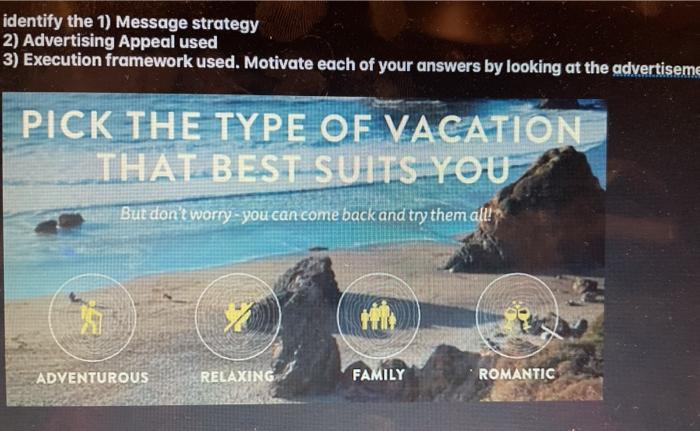 identify the 1) Message strategy 2) Advertising