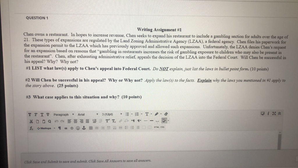 QUESTION 1 Writing Assignment #1 Chen owns a