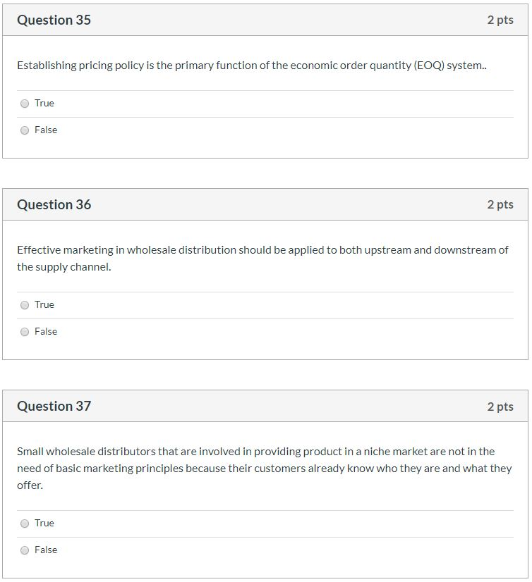 Question 35 2 pts Establishing pricing policy is