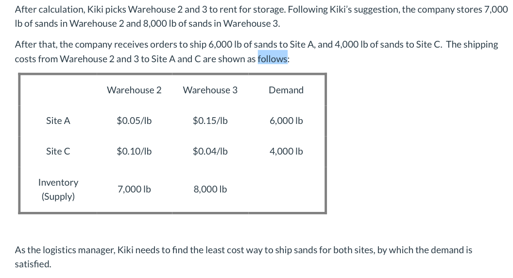 After calculation, Kiki picks Warehouse 2 and 3