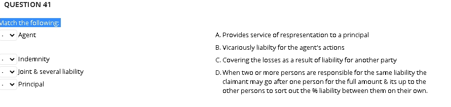 QUESTION 41 latch the following: Agent Indemnity
