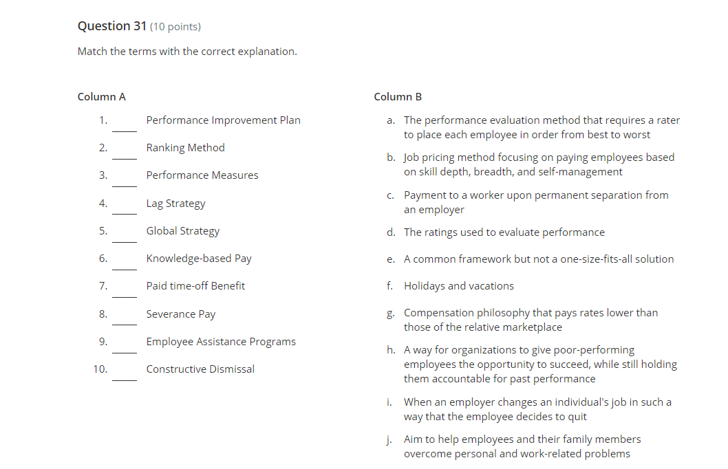 Human Resource Management Question 31 (10 points)