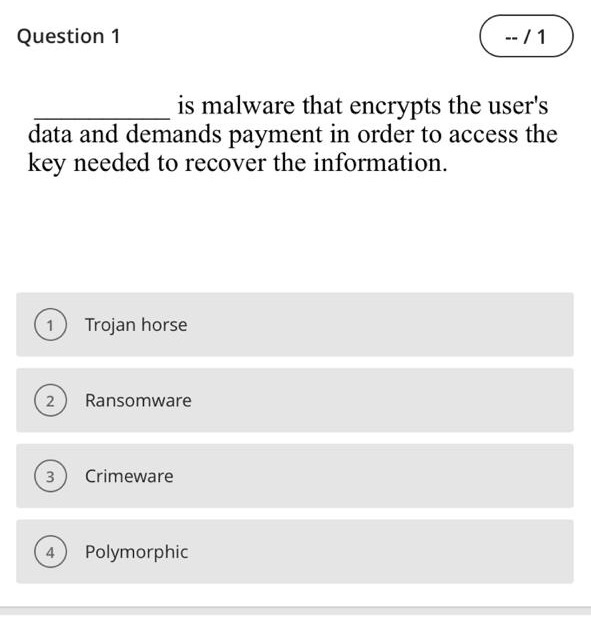 Question 1 -- / 1 is malware that encrypts the