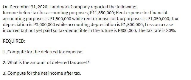 On December 31, 2020, Landmark Company reported