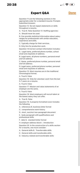 Question 11 List the following sections in the