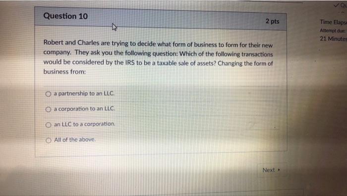 Question 10 2 pts Time Elapse Attempt due 21