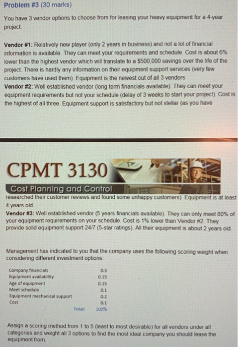 Problem #3 (30 marks) You have 3 vendor options