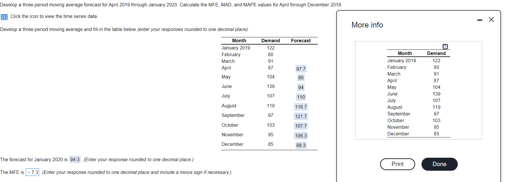Develop a three-period moving average forecast