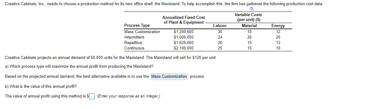Creative Cabinets, Inc., needs to choose a