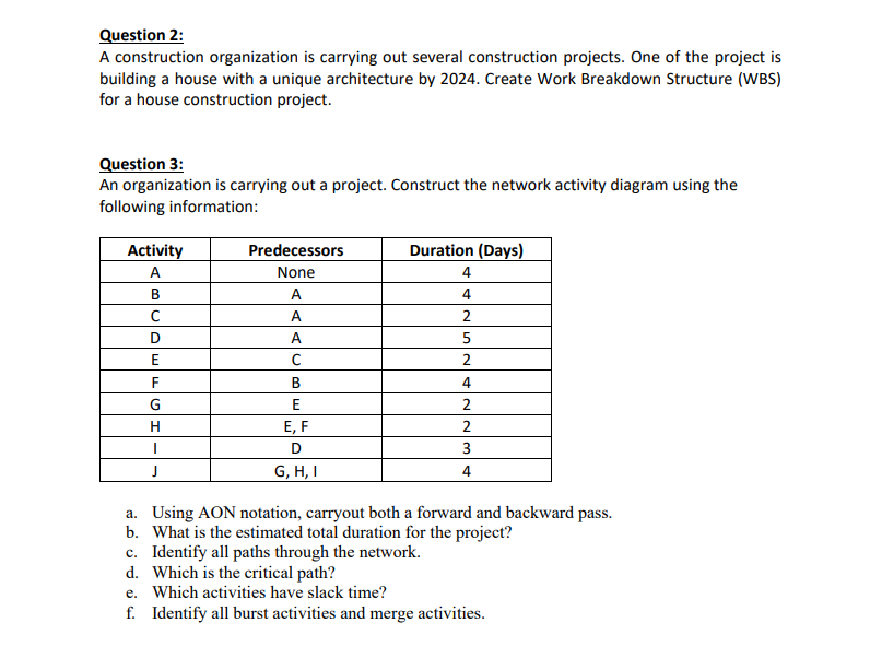 Question 2: A construction organization is