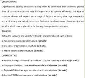 QUESTION ONE Organisations develop structures to