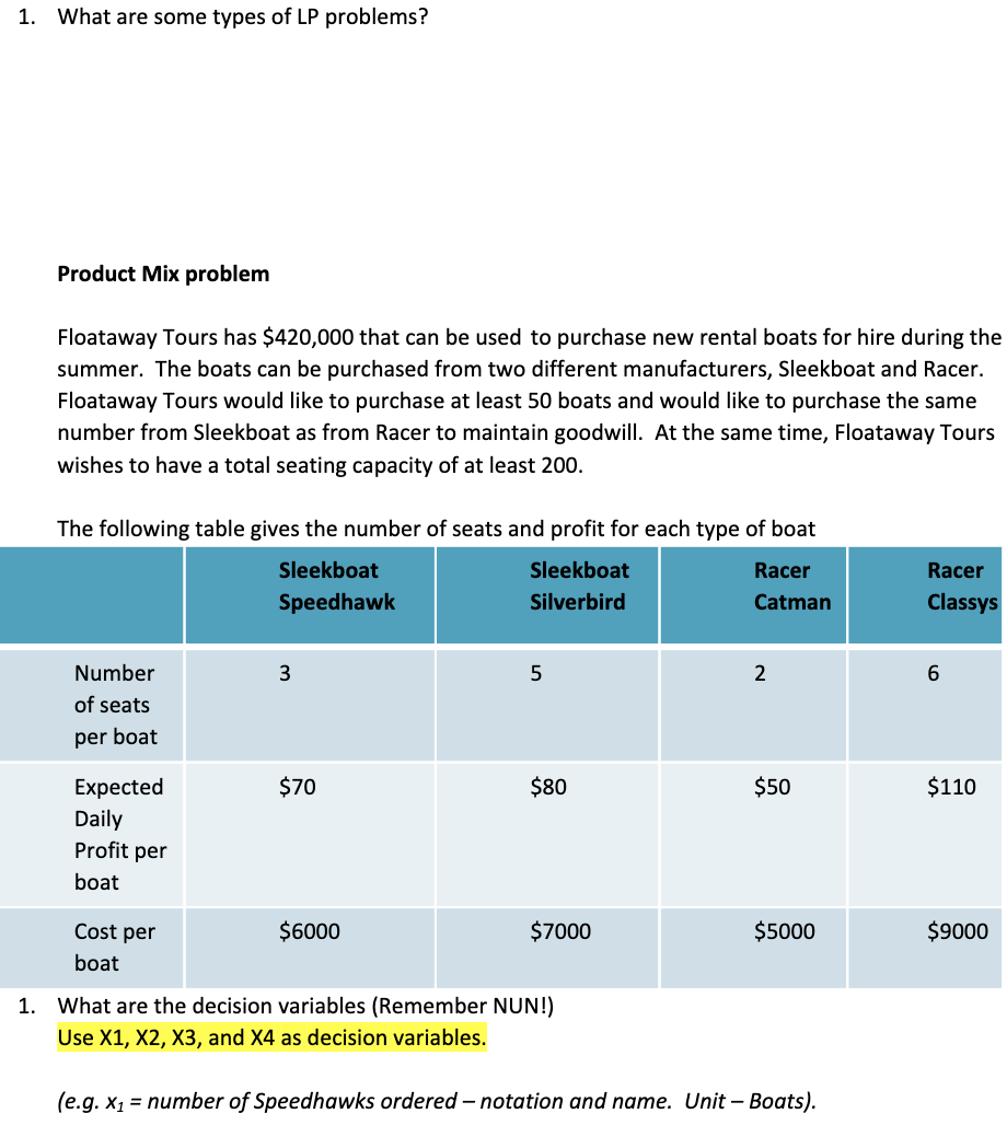 1. What are some types of LP problems? Product