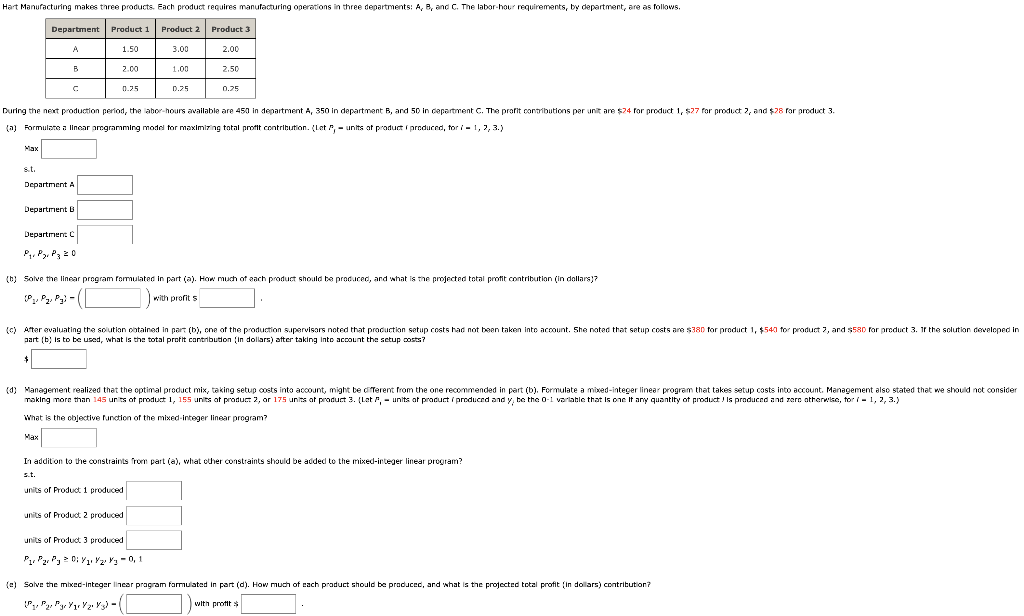 Hart Manufacturing makes three products. Each