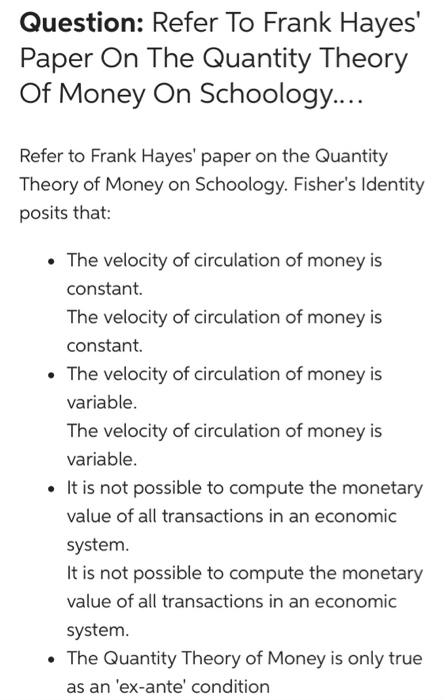 Question: Refer To Frank Hayes' Paper On The