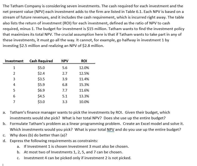 The Tatham Company is considering seven