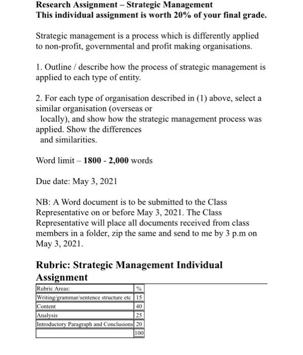 Research Assignment - Strategic Management This