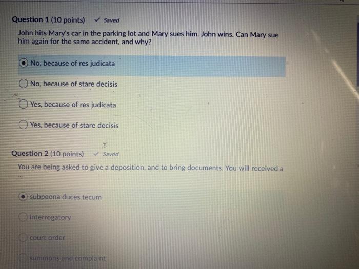Saved Question 1 (10 points) John hits Mary's car