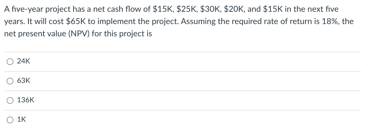 A five-year project has a net cash flow of $15K,
