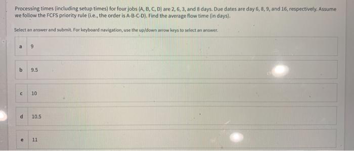 Processing times (including setup times) for four