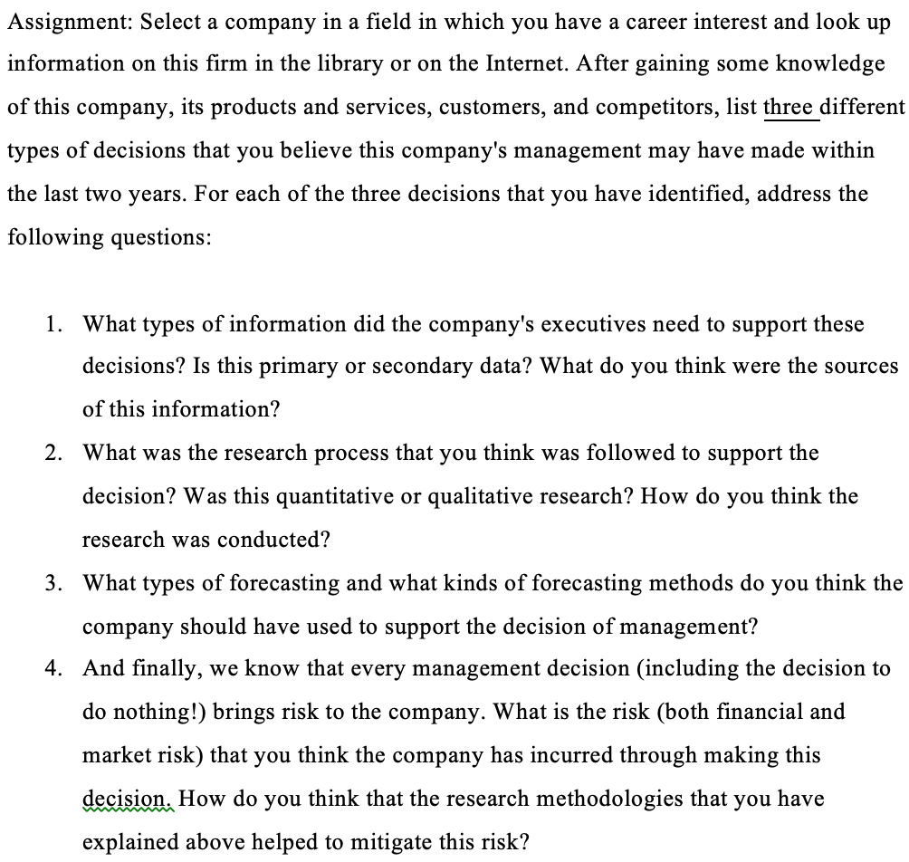 Assignment: Select a company in a field in which