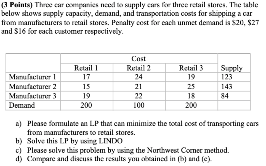 (3 Points) Three car companies need to supply