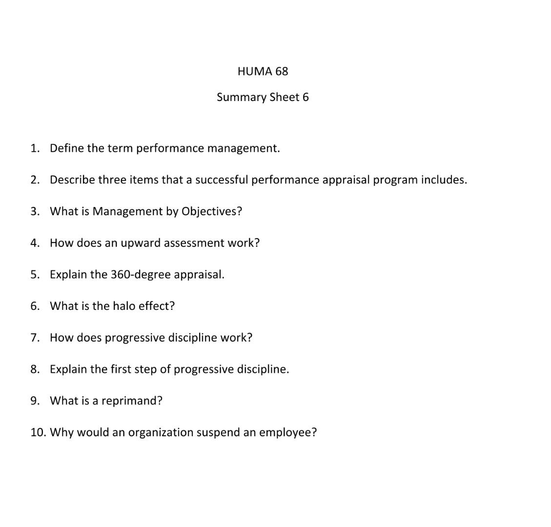 plz answer these questions HUMA 68 Summary Sheet