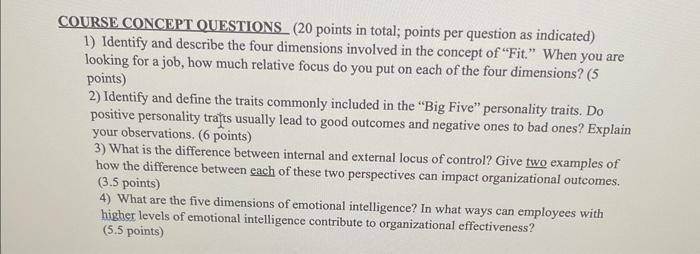 OURSE CONCEPT QUESTIONS (20 points in total;