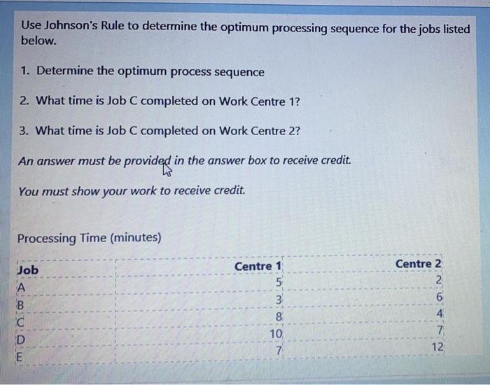 Use Johnson's Rule to determine the optimum