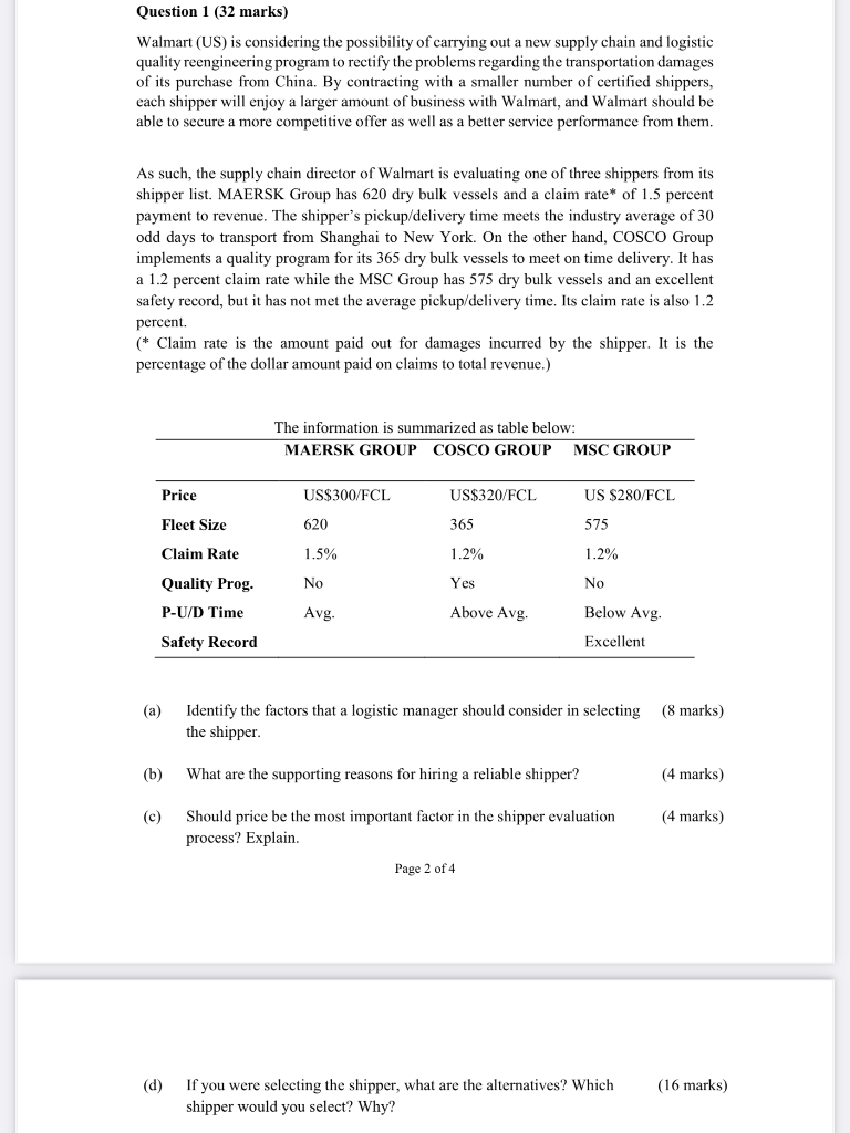 Question 1 (32 marks) Walmart (US) is considering