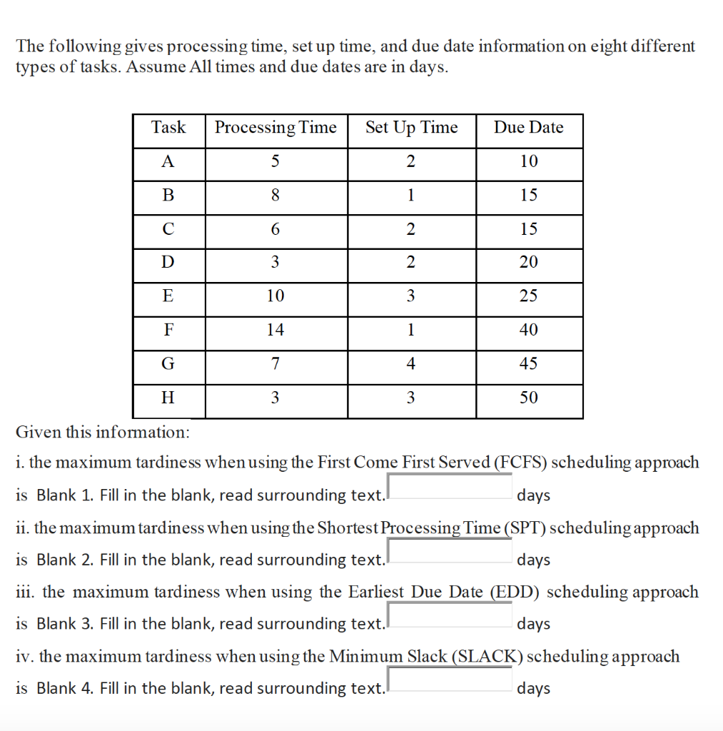 The following gives processing time, set up time,