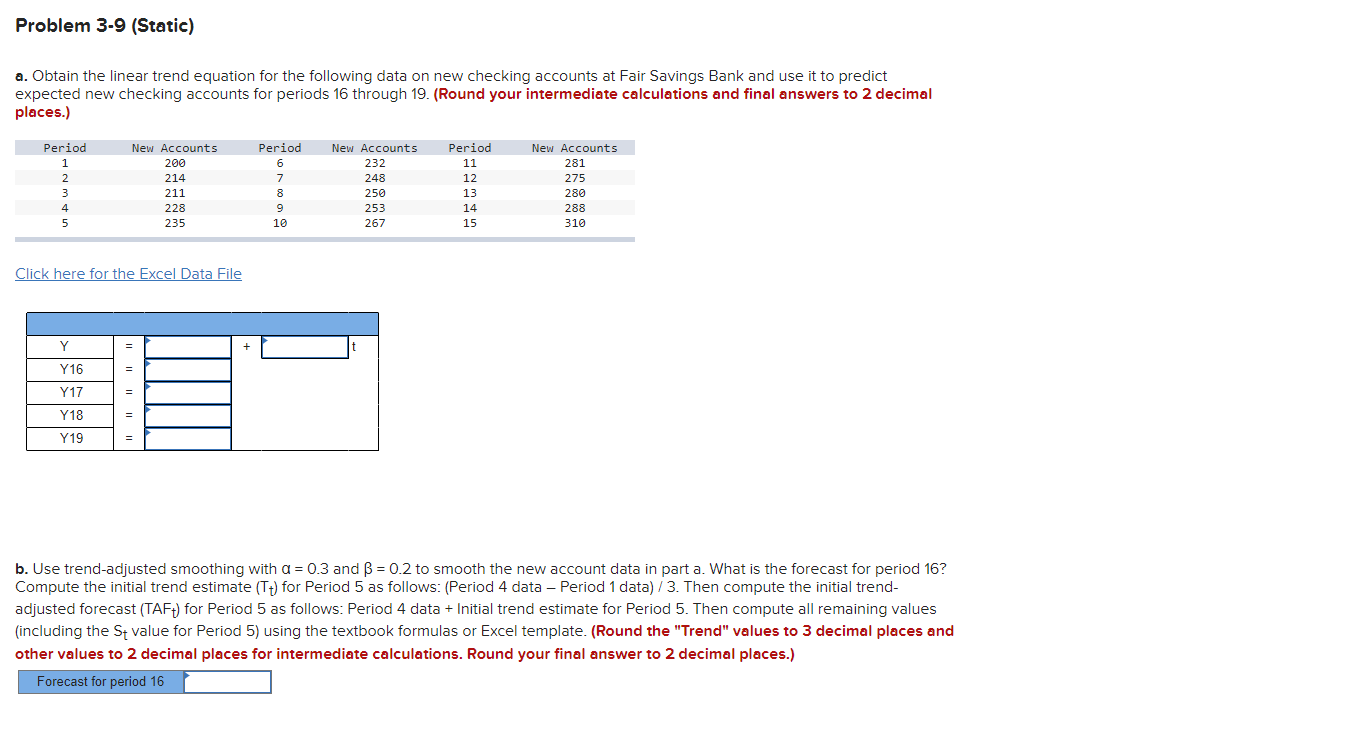 Problem 3-9 (Static) a. Obtain the linear trend
